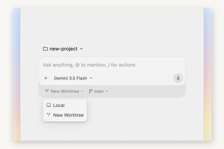 Antigravity's agent manager: a project selector, a prompt box reading Ask anything, @ to mention, / for actions, a Gemini model picker, and a choice between running locally or in a new worktree.