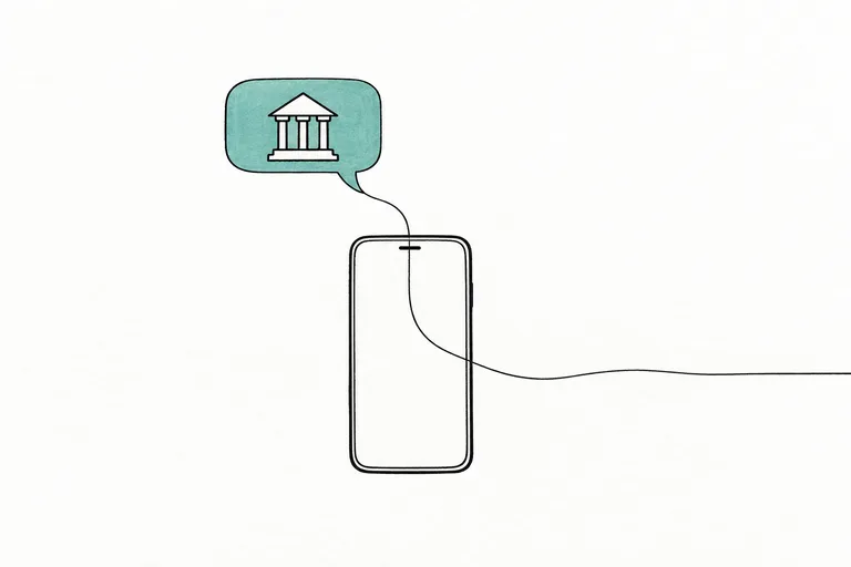 An illustration made for this piece: a phone under a bank message bubble, with one ink line running out of the phone and away to the right.