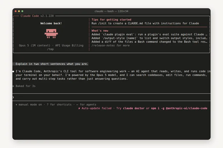 A terminal running Claude Code: the welcome panel with model and folder, a question typed at the prompt, and the agent answering it.