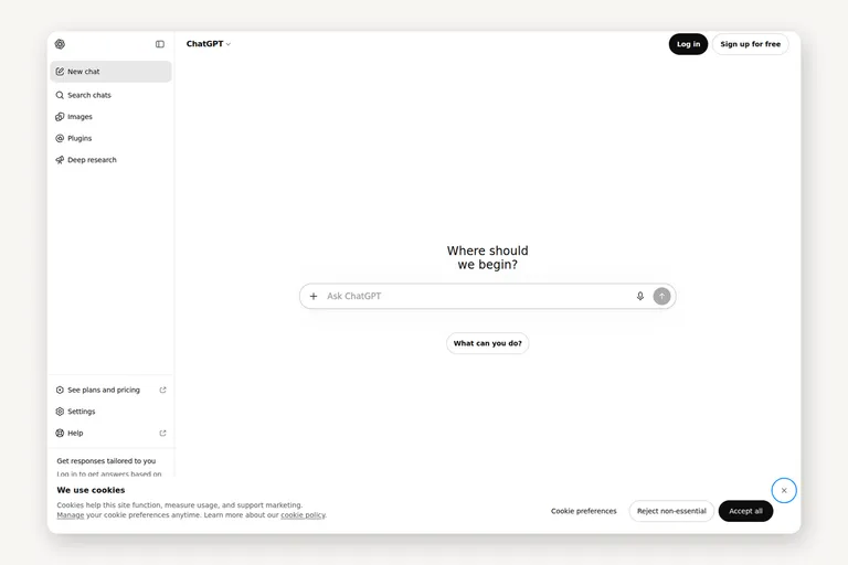 The ChatGPT web app signed out: a sidebar with new chat, search chats, images and plugins, and a centred composer reading Ask ChatGPT.