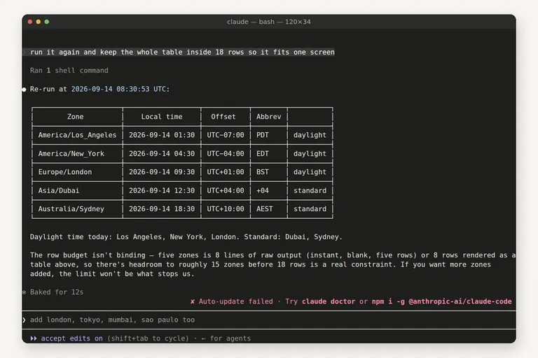 A terminal running Claude Code: a session that prints the same instant in five time zones, each with its UTC offset, abbreviation and whether it is on daylight time.