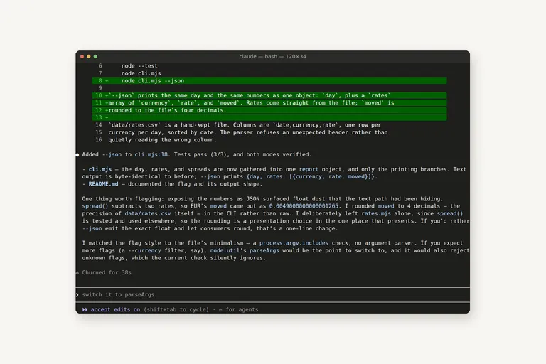 A terminal window with a Claude Code session open in a small Node project: the agent's diff of a file on the left of the text, the tests it ran, and its summary of the change.