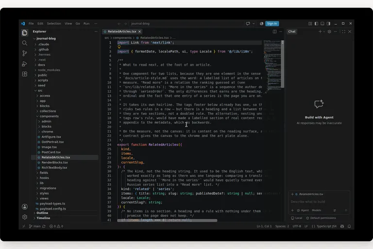 The VS Code window with a real project open: the file tree on the left, a TypeScript file in the editor, and the agent chat panel docked on the right, waiting for a request.