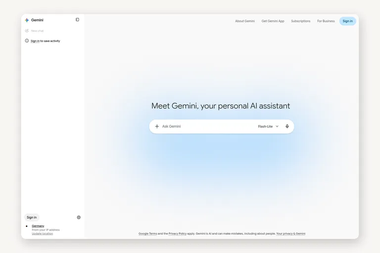 The Gemini app in a browser, signed out: a sidebar with new chat and sign in, and a centred composer reading Ask Gemini with the Flash-Lite model selected.