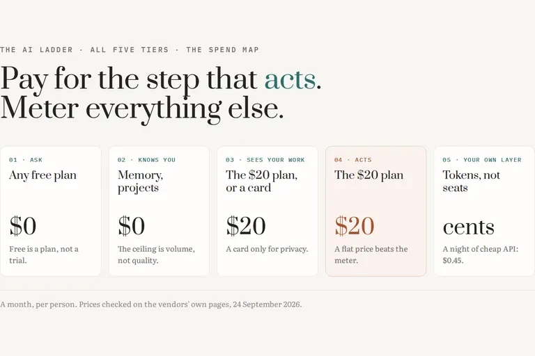 A designed cover titled Pay for the step that acts, meter everything else, above five cards for the five steps of the ladder: ask and knows you at $0, sees your work and acts at $20 a month, and your own layer at cents.