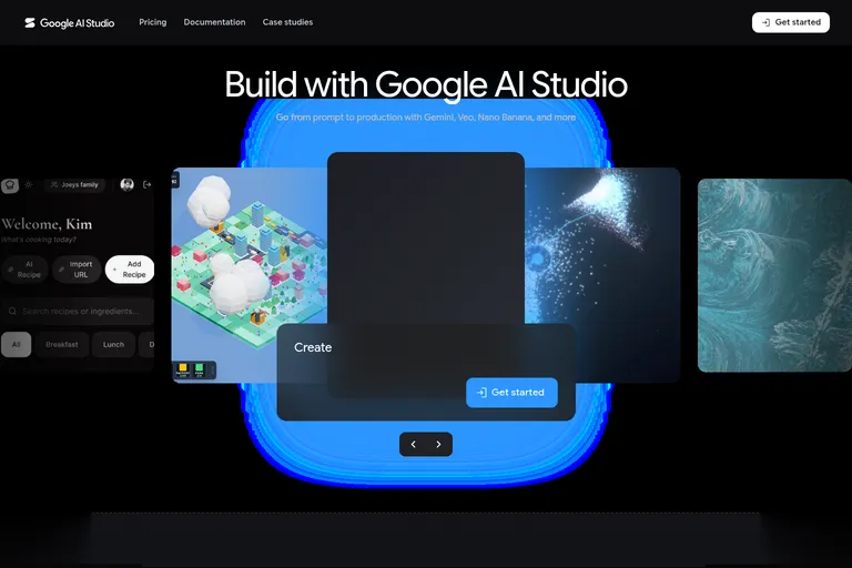 The Google AI Studio landing page: a dark header, the headline Build with Google AI Studio, and a carousel of things built with it.