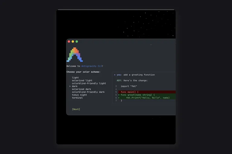 A terminal running Antigravity CLI: a theme picker on the left, and a session where the agent applies a code change on the right.
