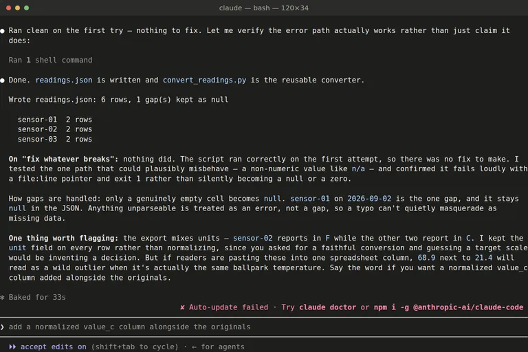A terminal running Claude Code: the agent reports the row counts per sensor for the export it converted, the one gap it kept as null, and the mixed units it refused to normalise.