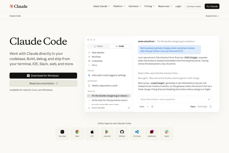 The Claude Code product page: headline and download button on the left, and on the right Anthropic's illustration of a session tracking a duplicate-charge bug, above a row of the surfaces it runs in.
