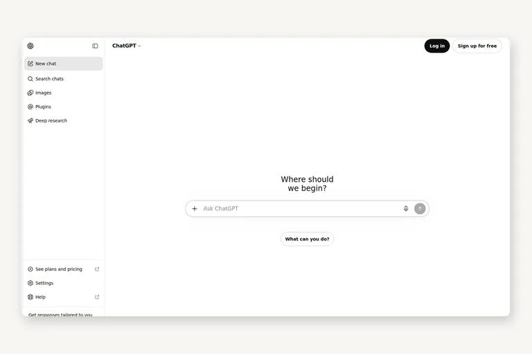 The ChatGPT web interface in a logged-out browser: a sidebar with new chat, images and plugins, and a centred composer asking where to begin.