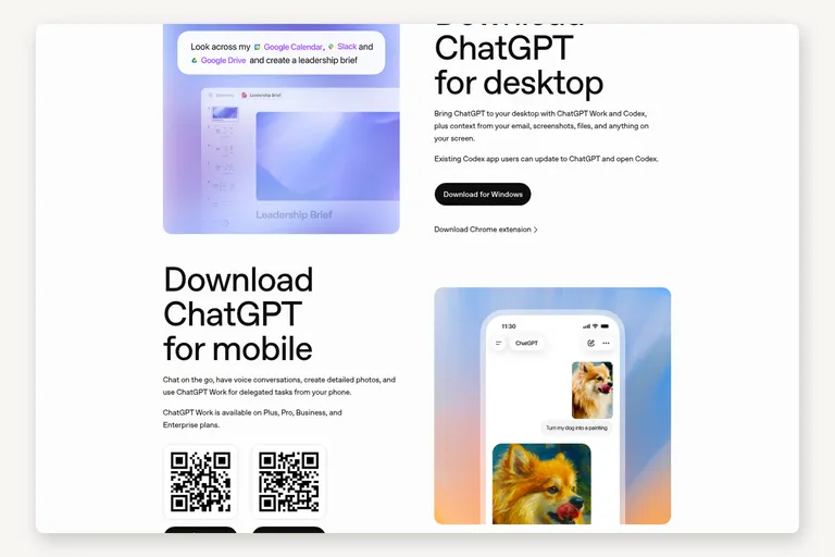 The ChatGPT desktop download page: navigation, the headline Download ChatGPT for desktop, and an illustration of the app window working across calendar, chat and drive.