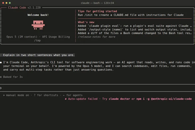 A terminal running Claude Code: the welcome panel with model and folder, a question typed at the prompt, and the agent answering it.