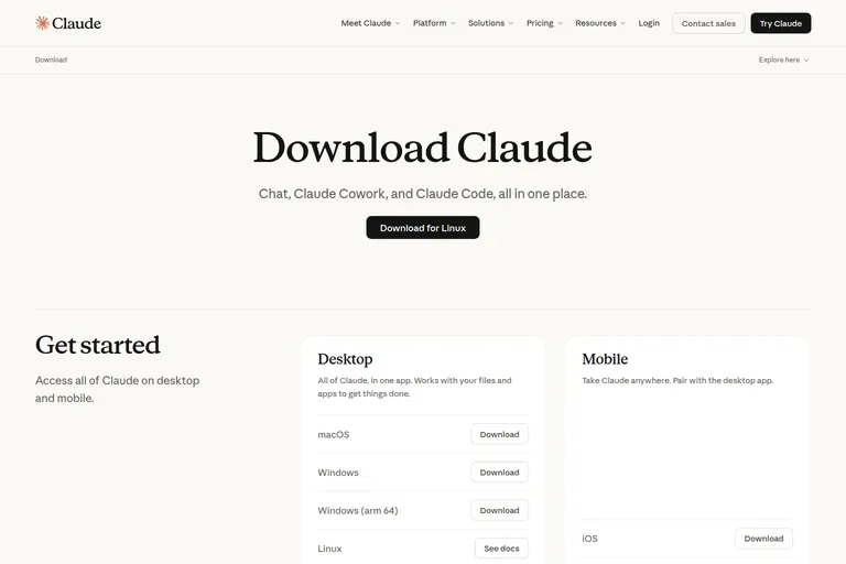 The Claude download page: a Download Claude headline with a platform-detected button, then cards for the desktop and mobile apps.