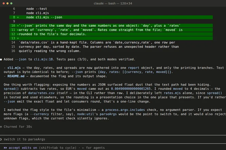 Сессия в терминале, небольшой проект на Node: агент сообщает, что добавил в cli.mjs флаг --json, что прошли три теста из трёх и что JSON вытащил наверх float.