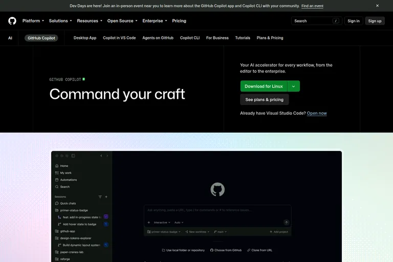 The GitHub Copilot page: a session list beside a prompt box, with repository, worktree and branch selectors and an automatic mode.