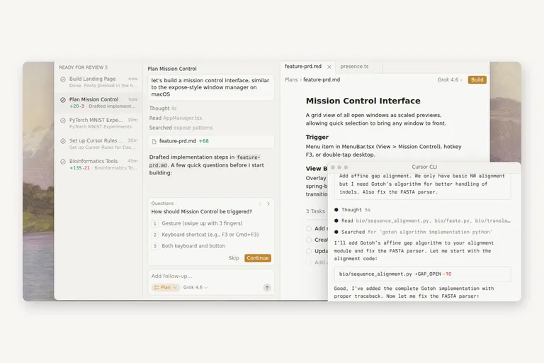 The Cursor editor showing an agent session list, a planning conversation with a follow-up question, and a generated spec open beside the code.
