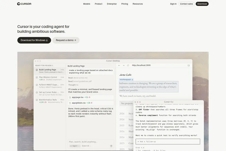 The Cursor homepage: a task list waiting for review, an agent conversation showing the files it changed, and the page it built running in a preview panel beside them.