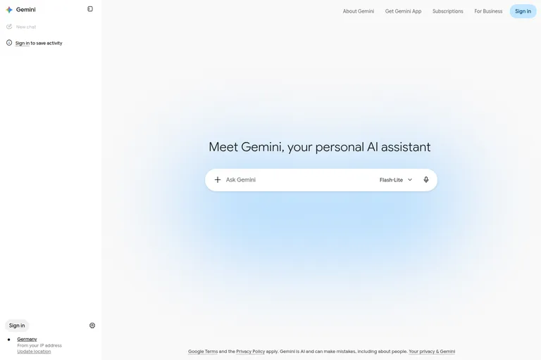 The Gemini web app shown full width: navigation across the top, a sidebar offering new chat and sign-in, and the greeting Meet Gemini, your personal AI assistant above the composer.