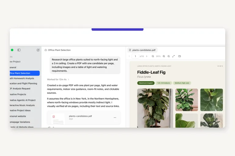 The LM Studio desktop app: a projects sidebar, an agent conversation that produced a PDF, and the PDF open in a viewer beside it.