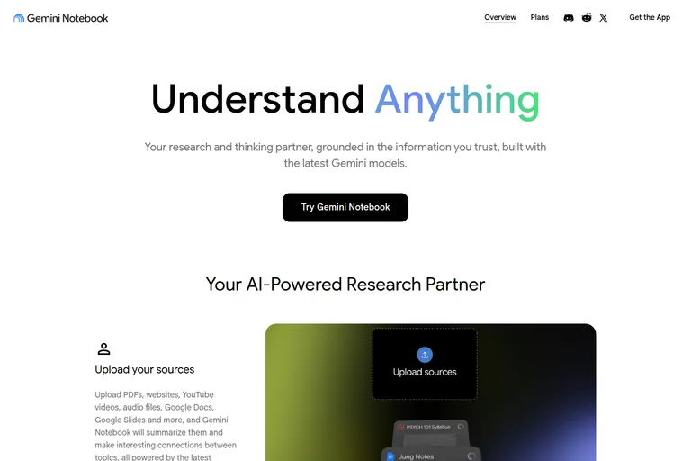 The Gemini Notebook product page, headed Understand Anything, with an illustration of uploaded sources — a syllabus PDF, a shared document and a video.