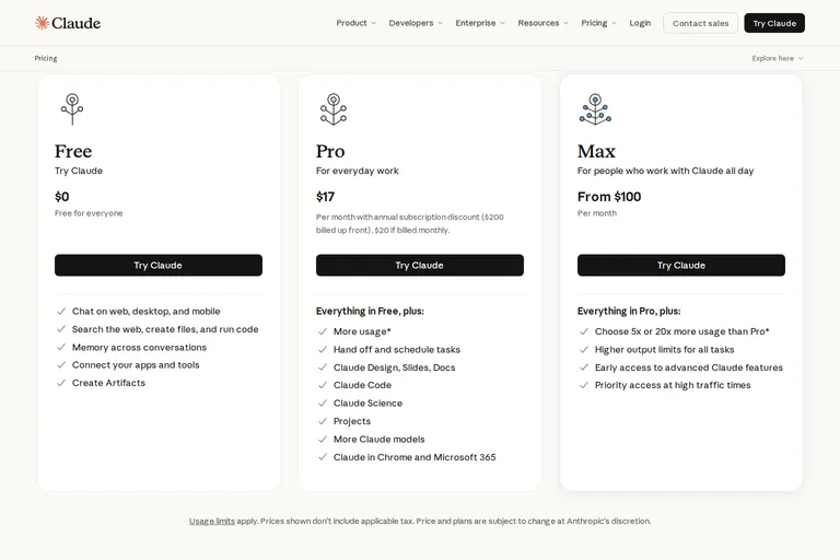 A screenshot of Claude's pricing page with three plans: Free at $0, Pro at $17 a month billed annually or $20 monthly, and Max from $100 a month, with a footnote that prices exclude tax.