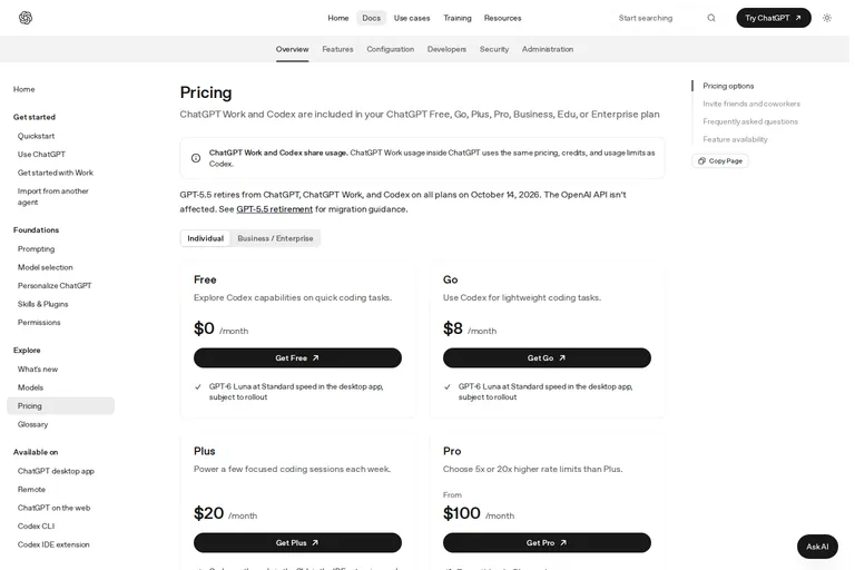 A screenshot of OpenAI's pricing documentation at learn.chatgpt.com, showing the individual plans: Free at $0, Go at $8, Plus at $20 and Pro from $100 a month.