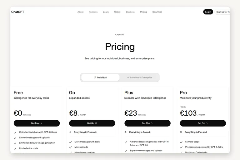 The ChatGPT pricing page, listing the free tier and the paid plans side by side.