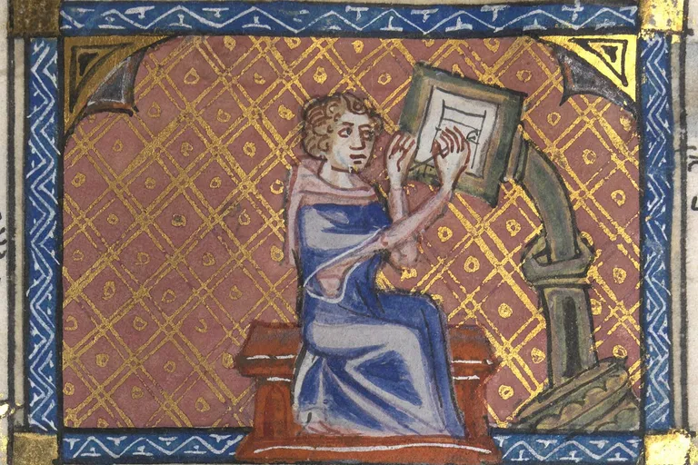 Medieval manuscript illumination: an author writing at a desk
